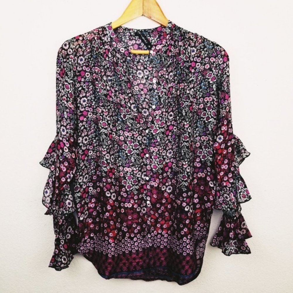 Ban.Jara Sheer Long Sleeve Floral Button Down Blouse NWT S